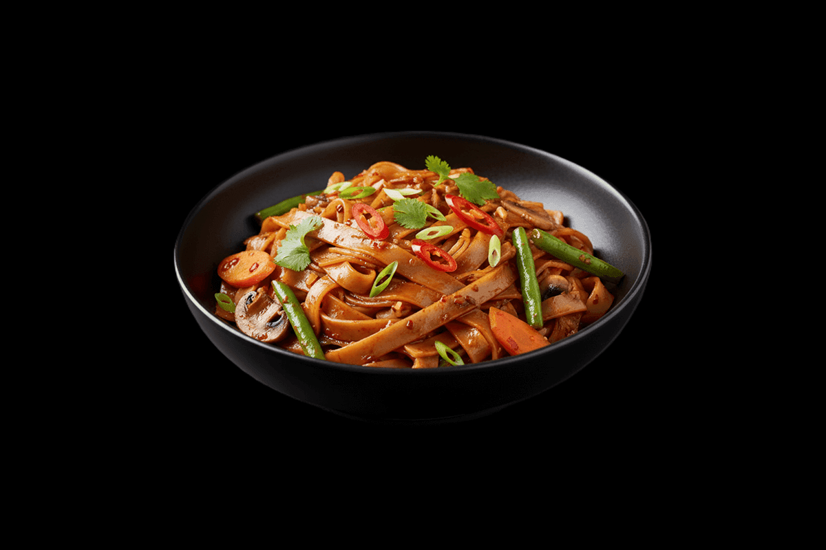 Vegan Pad Kee Mao — Spicy stir-fried flat noodles with vegetables, GB Canteen Swanley Thai
