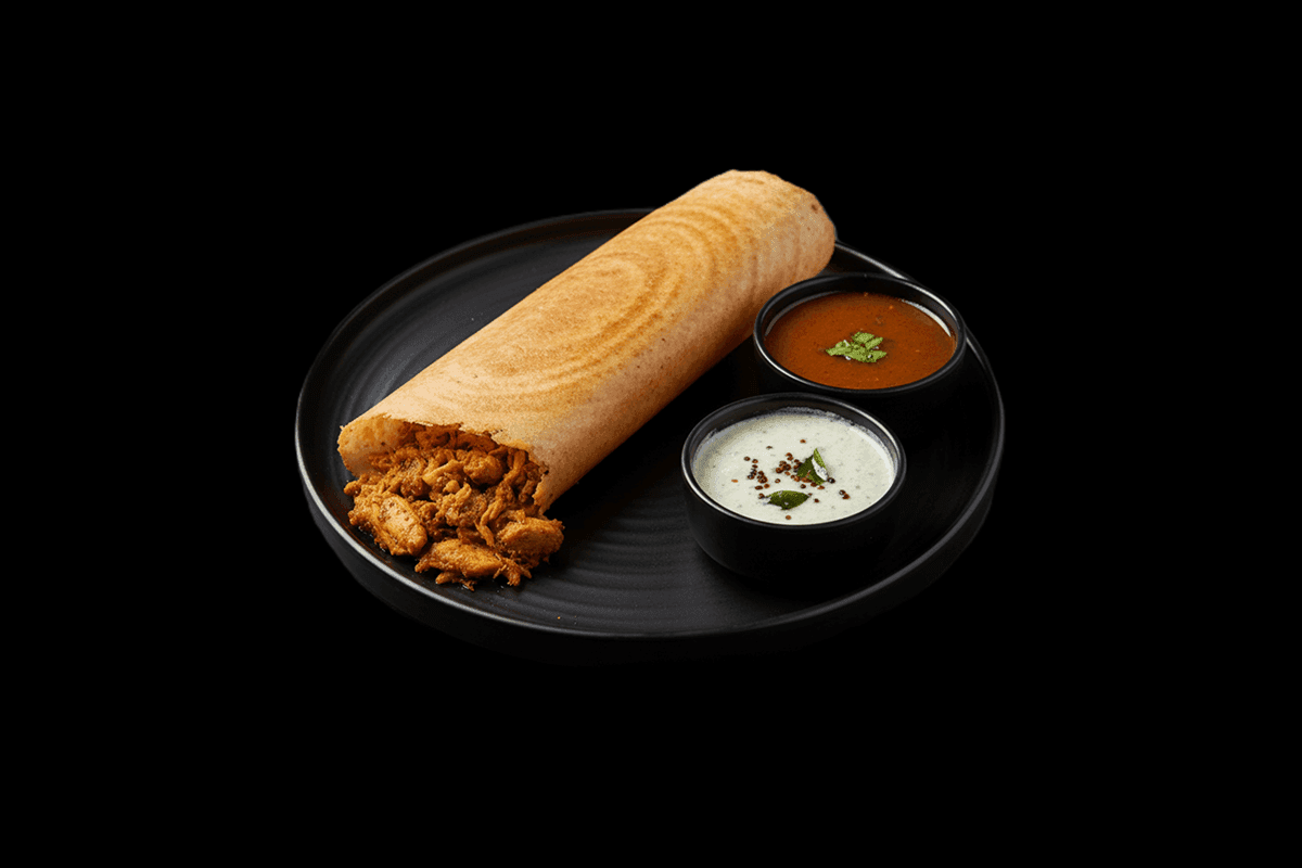 Chicken Masala Dosa — Crispy dosa filled with spicy chicken masala, GB Canteen Tooting High Street