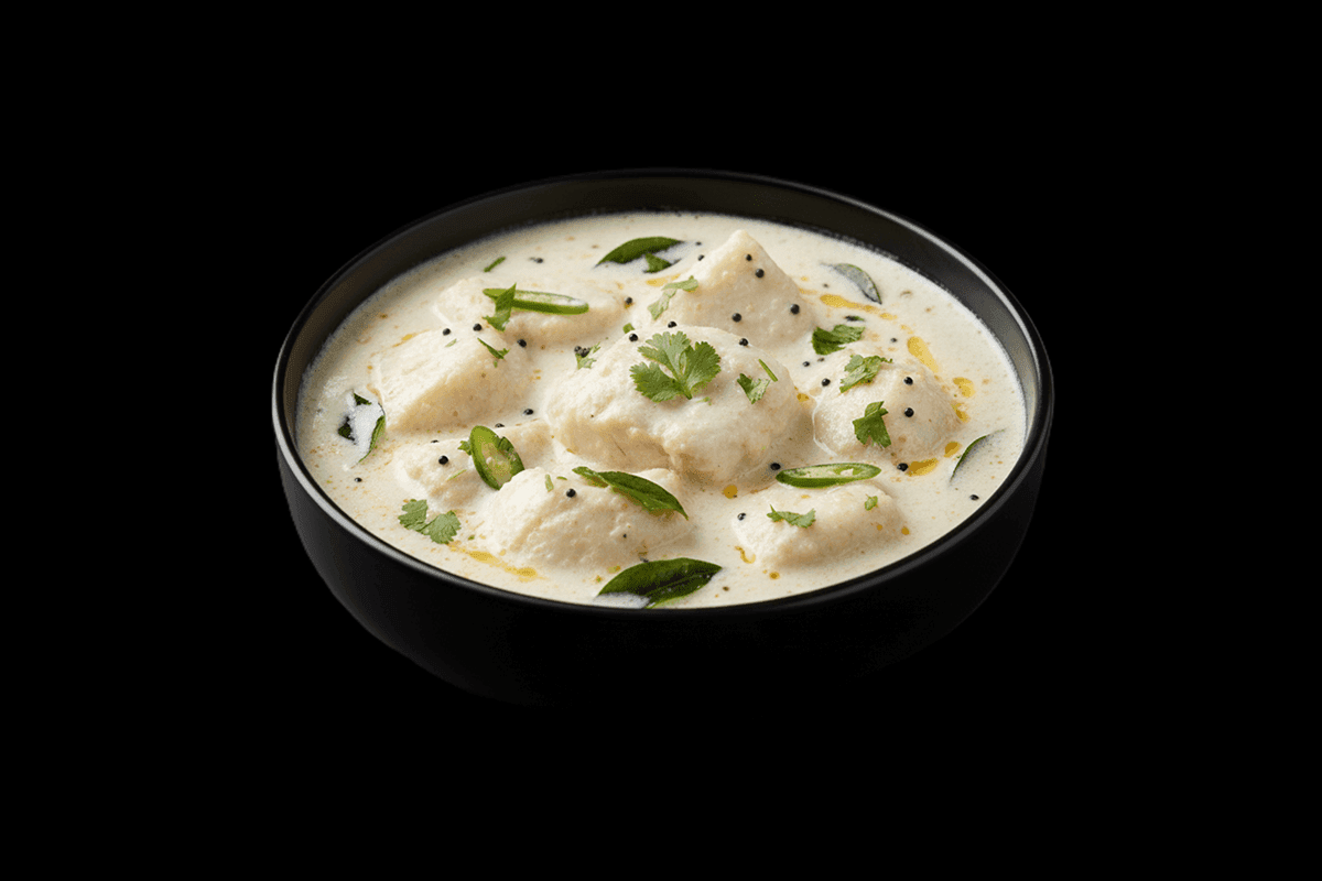 Moolee - White Fish — From south India. In a delicate coconut sauce made golden with turmeric and lightly spiced with mustard