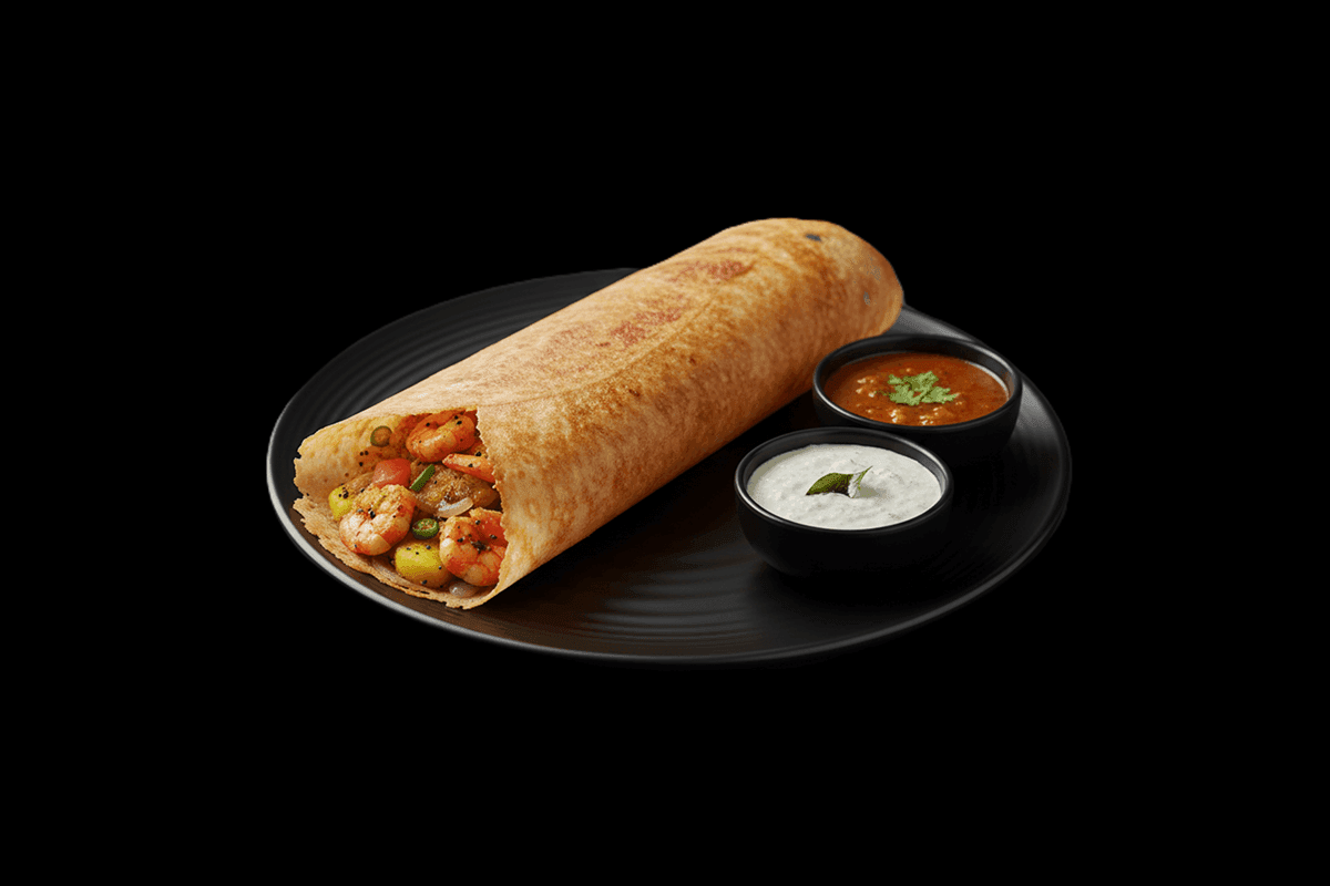 Prawn Masala Dosa — Crispy dosa filled with prawn masala, GB Canteen Tooting High Street