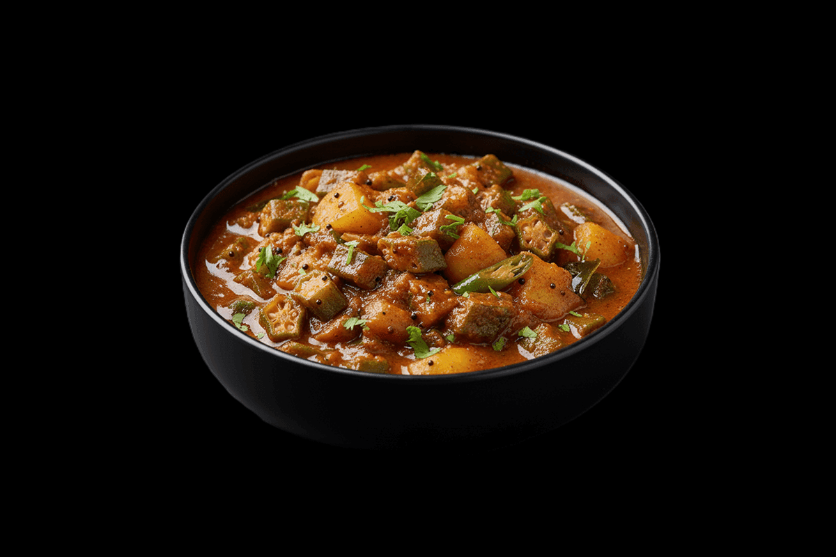 Vendacka & Aloo Puli — Tangy tamarind curry made with okra and potato, cooked with crushed coconut, garlic, green chillies, g