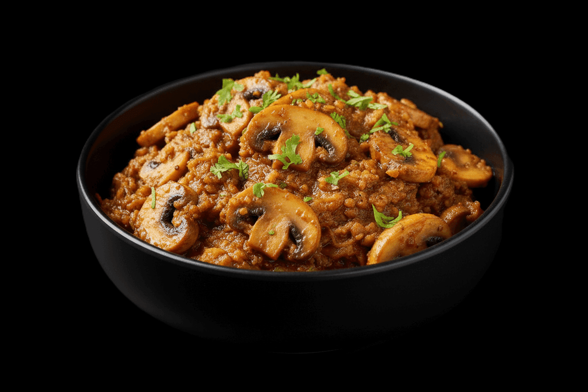 Mushroom Bhaji — Fresh mushroom cooked with tomatoes, herbs & spices, GB Canteen Kensal Rise