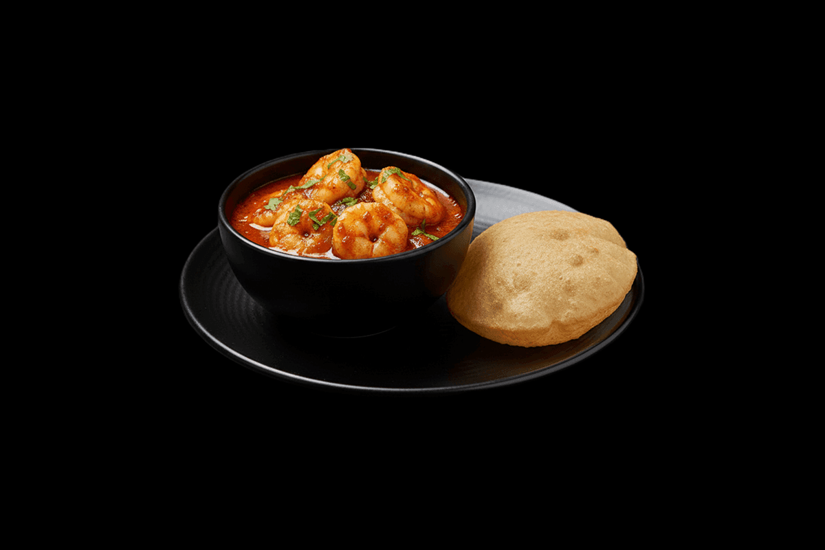 Prawn Puri — Sweet and sour prawns served on a flatbread, GB Canteen Kensal Rise