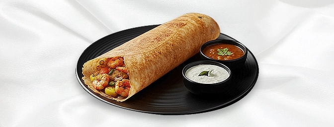 Prawn Masala Dosai — Steamed Shrimp Prawn Cooked In A Masala Of Potato, Onion, Green Chilli and Tomato, GB Canteen Tottenham