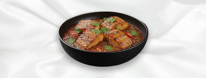 Salmon Rushni — Tandoori salmon cooked in a medium spiced bhuna sauce, GB Canteen East Molesey