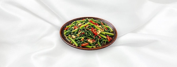 Cah Kangkung — Stir-fry morning glory with garlic, mixed seasoning & chili, GB Canteen Orpington Chinese