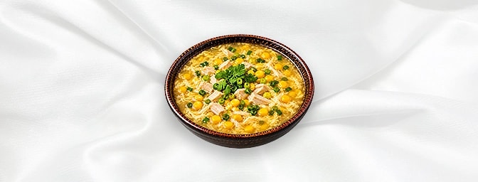Chicken & Sweet Corn Soup — Diced chicken and egg in sweet corn soup. available, GB Canteen Orpington Chinese