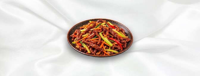 Crispy Shredded Beef — Deep-fried beef with carrot and celery in mild spicy and sweet sauce, GB Canteen Orpington Chinese
