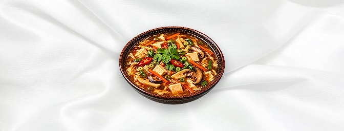 Hot And Sour Soup — Tofu, egg, mushroom, beans, carrot & bamboo shoot in spicy and sour soup, GB Canteen Orpington Chinese