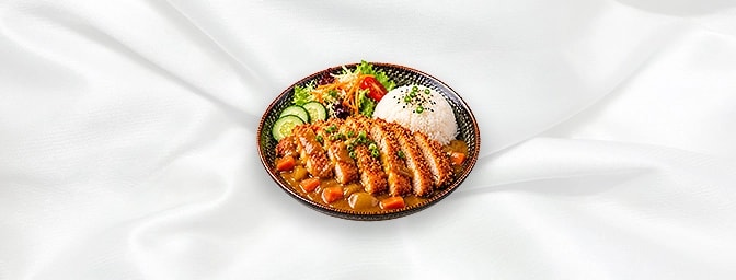 Katsu — Succulent chicken breast golden fried in breadcrumbs or fried tofu in rich katsu curry sauce and salad, served with r
