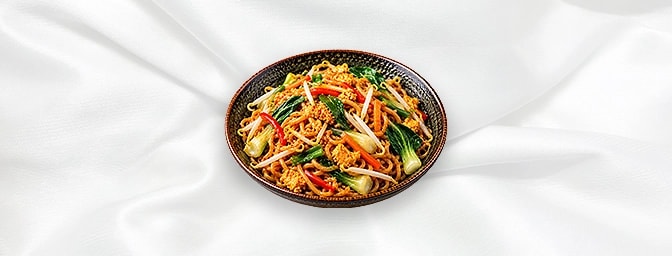 Mee Goreng — Indonesian style fried noodles with egg, beansprouts and Pak choi, GB Canteen Orpington Chinese