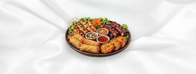 Mixed Platter A — Chicken & Prawn Satay, BBQ Ribs, Prawn Sesame Rolls, Thai Fish Cakes and sauces, GB Canteen Orpington Chine