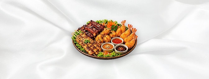 Mixed Platter C — Chicken Satay, BBQ ribs, Bakkien, Butterfly Prawn & dipping sauces, GB Canteen Orpington Chinese