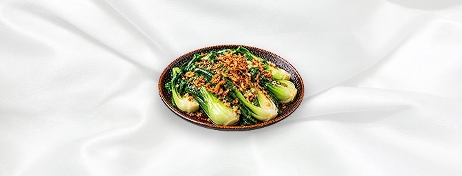 Pak Choi — Blanched with garlic and mixed seasoning, topped with fried shallot, GB Canteen Orpington Chinese