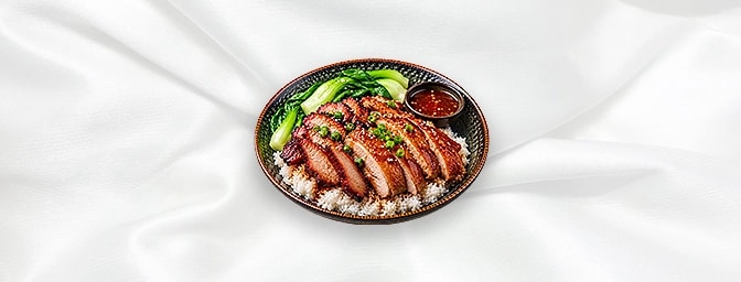 Roasted Meat — Served with plain rice & pak choi. Egg fried rice instead + 1.15, Coconut rice + 1.65, Plain noodle + 1.95, GB