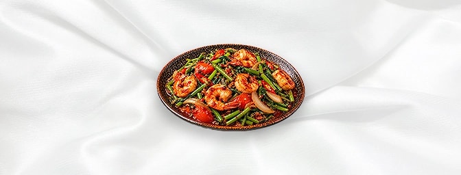 Sambal Kangkung Udang — Stir fried morning glory with king prawn, chili, tomato & onions in spicy sauce, GB Canteen Orpington