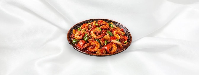 Sambal Udang — King prawns in a spicy chili paste with onion, tomato, red and green pepper, chili & spring onions, GB Canteen