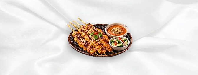 Satay Chicken — Marinated prawn or chicken on skewers with peanut sauce and cucumber, GB Canteen Orpington Chinese
