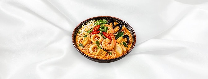 Seafood Curry Laksa — Mussels, prawns, calamari, tofu, Chinese fishcake, beansprout and vermicelli with a homemade brew of co