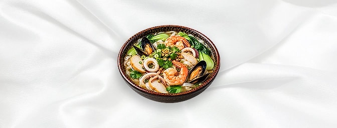 Seafood Kway Teow Noodle Soup — Mussels, prawn, squid, fishcakes and noodles in clear soup with pak choi, GB Canteen Orpingto