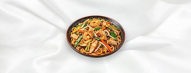 Seafood Udon With Xo Sauce — Fried udon with prawn, squid, Chinese fishcake, bamboo shoot, water chestnut, spring onions, bea