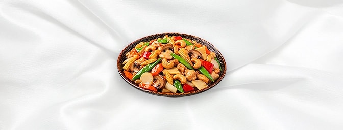 Stir-Fry Cashewnut — Stir-fry with bamboo shoot, water chestnut, mushroom, baby corn, mange tout, carrot and cashew nuts. ava