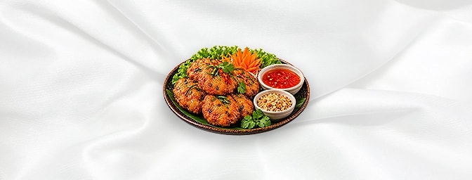 Thai Fish Cakes — Classic fish cakes with sweet chili dip and crushed peanuts, GB Canteen Orpington Chinese