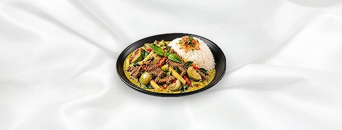 Thai Green Curry Beef — Spicy green curry homemade with Thai Eggplant & bamboo shoot. available. Served with rice, GB Canteen