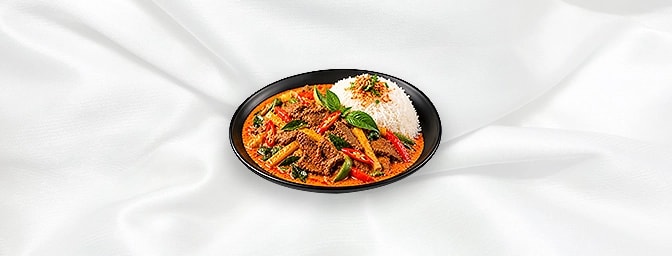 Thai Red Curry Beef — Aromatic red curry with bamboo shoot, red & green peppers. available. Served with rice, GB Canteen Orpi