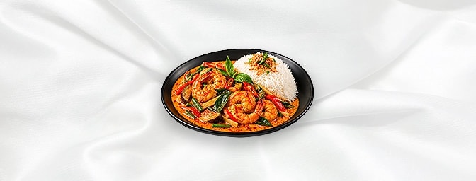 Thai Red Curry Prawn — Aromatic red curry with bamboo shoot, red & green peppers. available. Served with rice, GB Canteen Orp