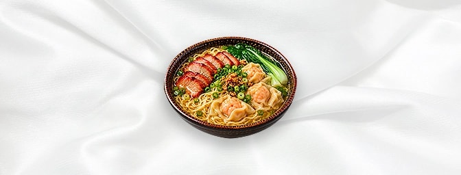 Wonton Noodle Soup — Noodle with Char Siu pork and wonton prawn dumpling, served in homemade broth, topped with spring onions