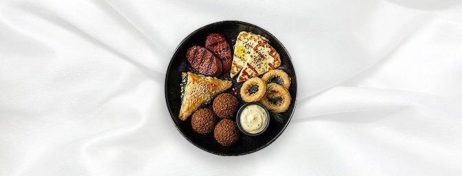 Mixed Hot Meze — Sucuk, Halloumi, Calamari, Falafel And Spinach & Feta Borek, GB Canteen Hitchin