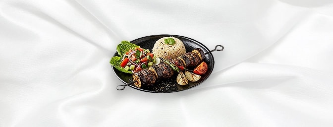 Patlican Kebab — Chargrilled Minced Lamb With Aubergine On Skewer, With Rice And Salad, GB Canteen Hitchin