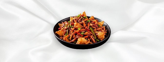 Chicken Szechuan Wonton — Crispy chicken wontons, topped with delicious, shredded chicken and vegetables in szechuan sauce, G