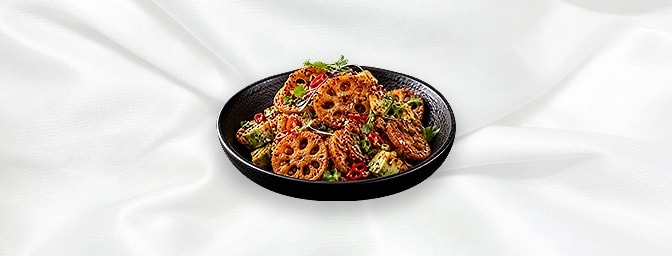 Crispy Lotus Root with Spicy Chilli Avocado — Crispy Lotus Root sprinkled with oriental spices, GB Canteen Harrow