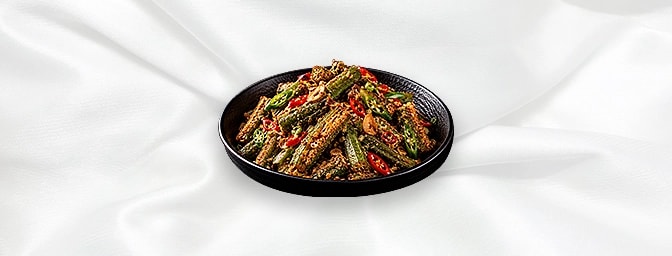 Crispy Okra Pepper Salt — Light batter fried okra, tossed with crushed black pepper, fresh chillies and Fried Garlic, GB Cant