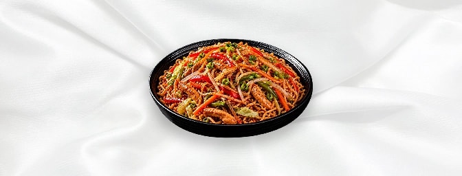 Hakka Noodle VegChicken — Traditional Hakka style of quick stir fried noodle with mixed shredded vegetables or chicken, GB Ca