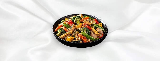 Mixed Vegetable Teppan Yaki — Assorted vegetables cooked in butter and garlic served in hot sizzler, GB Canteen Harrow