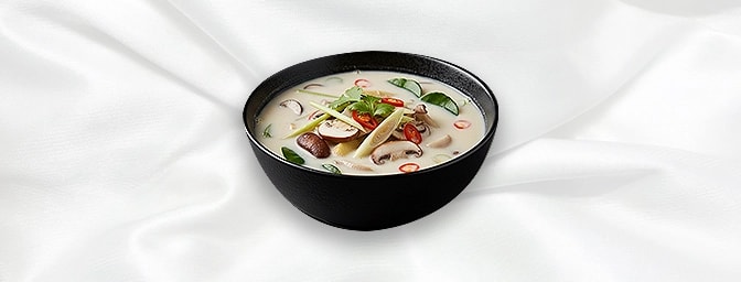 Veg Tom Khaa — Coconut soup with galangal, lemongrass, lime leaves, mushroom & chilli, GB Canteen Petts Wood Thai