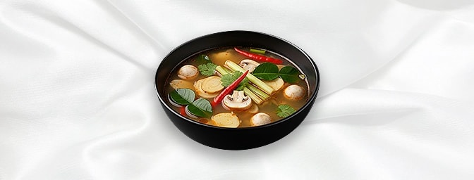 Veg Tom Yum — Spicy & sour soup with galangal, lemongrass, Thai chilli & lime leaves, GB Canteen Petts Wood Thai