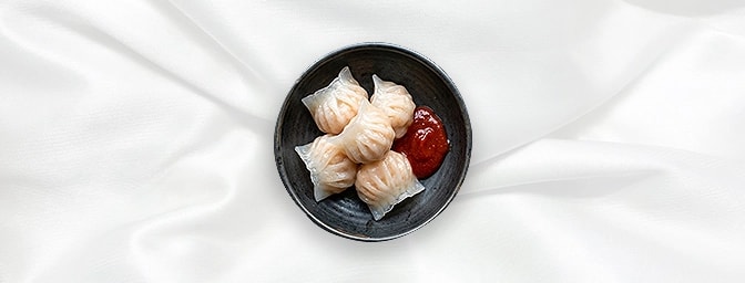 Dim Sum — Homemade steamed basket of Prawn dumplings served with a Sriracha sauce, GB Canteen Newington