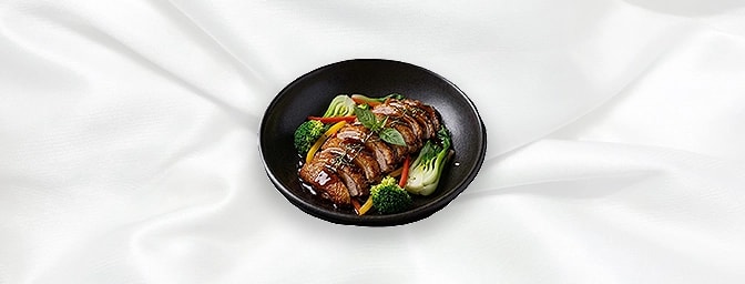 Duck with Special Sauce — Sliced Roasted Duck topped with vegetables and a chef's special sauce, GB Canteen Newington