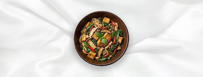 Mushroom Tofu — Stir-fried mushrooms with Thai basil, chilli and tofu, GB Canteen Newington