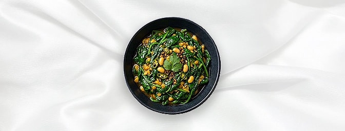 Spinach with Yellow Bean — Spinach stir-fried with yellow beans and soya sauce, GB Canteen Newington