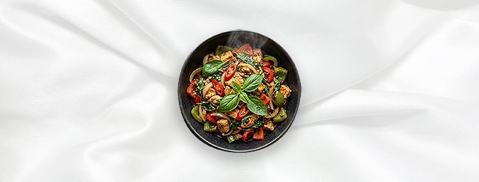 Stir Fry with Thai Basil — Stir-fried with fresh chilli, onions, peppers & Thai basil leaves, GB Canteen Newington