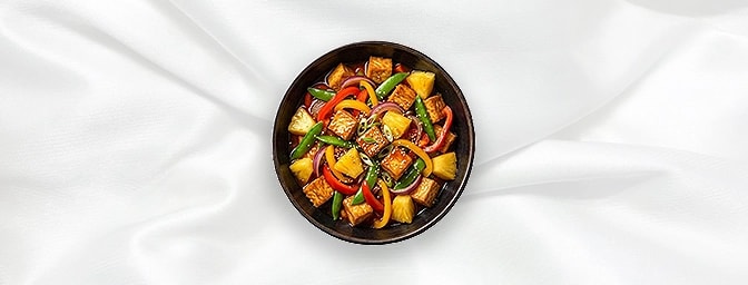 Sweet & Sour Tofu — Tofu stir-fried with fresh vegetables and slices of pineapple in a sweet and sour sauce, GB Canteen Newin