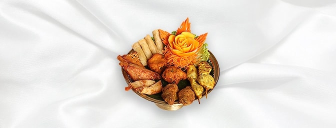 Mixed Platter — Sa-Tay Chicken, Prawn spring rolls, Vegetable spring rolls, Prawns & Chicken on toast, Spicy Chicken wings an