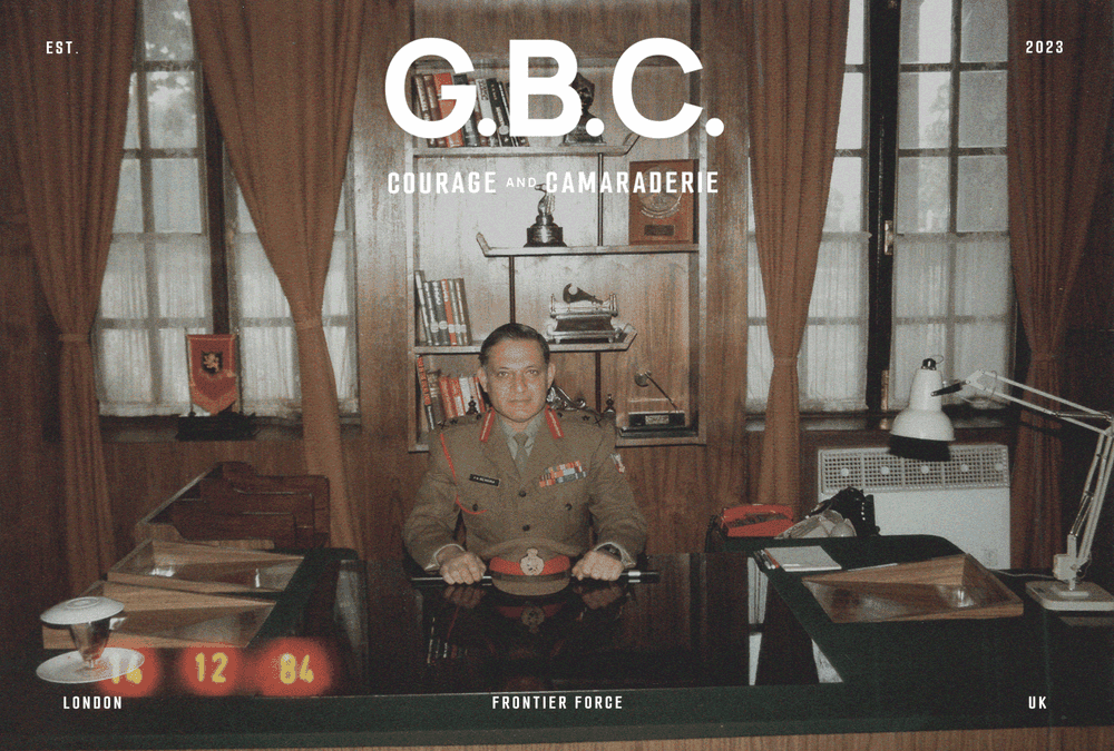 General Faridoon Bilimoria seated at his desk with G.B.C. branding.