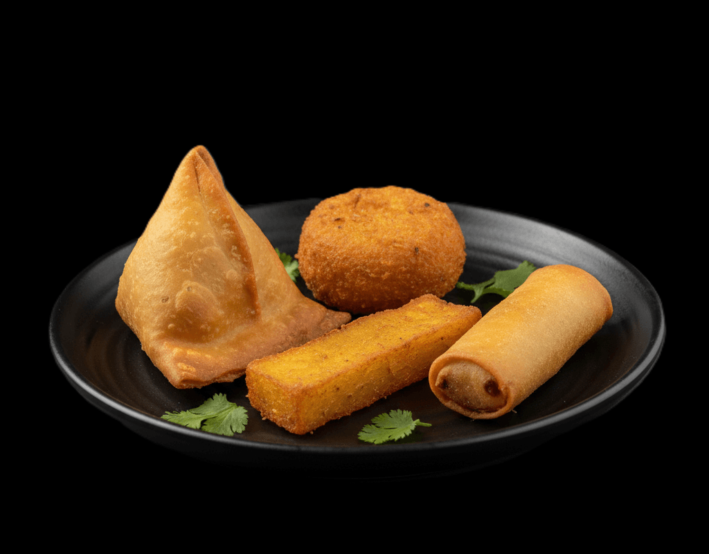 Mix Veg Platter — Aloo tikki, veg kebab, samosa, spring roll, potato fritter, onion bhaji, GB Canteen Maidenhead