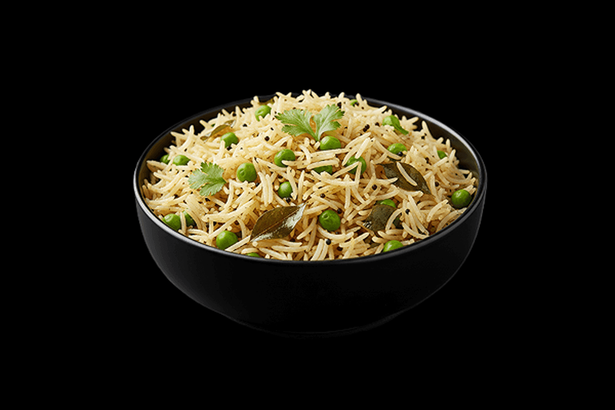 Peas Pulao — Fragrant basmati rice. Elevated with gently sauted peas and cooked to a light and fluffy consistency, GB Canteen